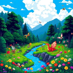 A vibrant and intricate 16-bit pixel art landscape featuring a fantasy world with lush green forests, a sparkling river flowing through the scene, and a serene blue sky dotted with fluffy white clouds