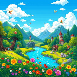 A vibrant and intricate 16-bit pixel art landscape featuring a fantasy world with lush green forests, a sparkling river flowing through the scene, and a serene blue sky dotted with fluffy white clouds