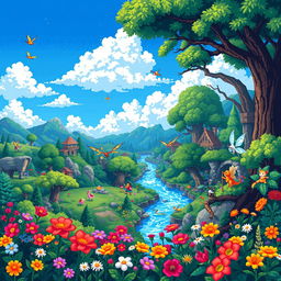 A vibrant and intricate 16-bit pixel art landscape featuring a fantasy world with lush green forests, a sparkling river flowing through the scene, and a serene blue sky dotted with fluffy white clouds