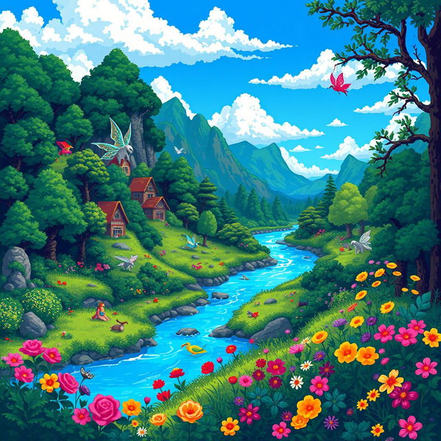 A vibrant and intricate 16-bit pixel art landscape featuring a fantasy world with lush green forests, a sparkling river flowing through the scene, and a serene blue sky dotted with fluffy white clouds