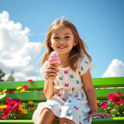 A young girl with a joyful expression sitting on a vibrant green park bench, enjoying a delicious ice cream cone