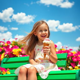 A young girl with a joyful expression sitting on a vibrant green park bench, enjoying a delicious ice cream cone