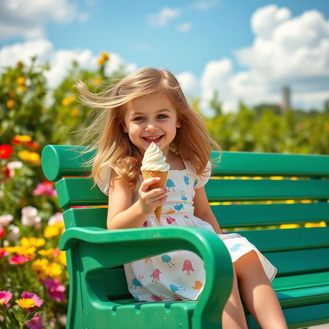 A young girl with a joyful expression sitting on a vibrant green park bench, enjoying a delicious ice cream cone