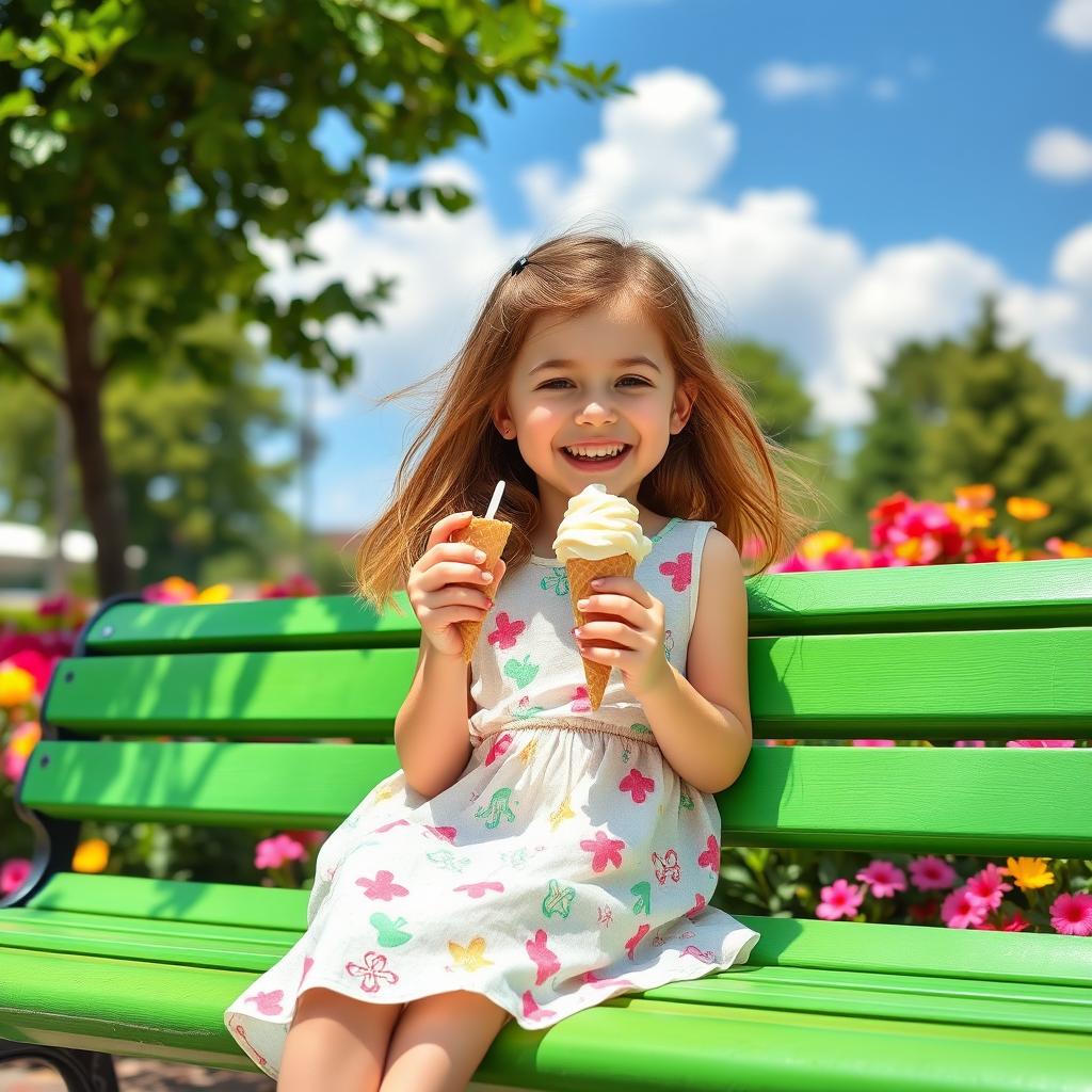 A young girl with a joyful expression sitting on a vibrant green park bench, enjoying a delicious ice cream cone