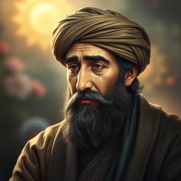 A portrait of the famous Persian poet Hafiz, depicted with a deep emotional expression, tears streaming down his cheeks as he reflects on love and loss
