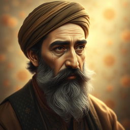 A portrait of the famous Persian poet Hafiz, depicted with a deep emotional expression, tears streaming down his cheeks as he reflects on love and loss
