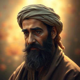 A portrait of the famous Persian poet Hafiz, depicted with a deep emotional expression, tears streaming down his cheeks as he reflects on love and loss