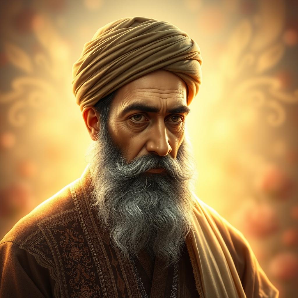 A portrait of the famous Persian poet Hafiz, depicted with a deep emotional expression, tears streaming down his cheeks as he reflects on love and loss