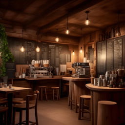 A rustic coffee cafe restaurant in a 10 by 20 yard area, decorated with comfortable seating, warm lighting, and a barista station with an espresso machine, coffee bean grinders, and baked goods on display.