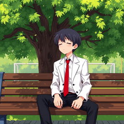 Anime-style illustration of a young boy sitting on a bench beneath a lush, green tree, with a football goalpost visible in the background