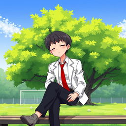 Anime-style illustration of a young boy sitting on a bench beneath a lush, green tree, with a football goalpost visible in the background