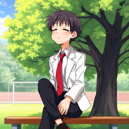 Anime-style illustration of a young boy sitting on a bench beneath a lush, green tree, with a football goalpost visible in the background