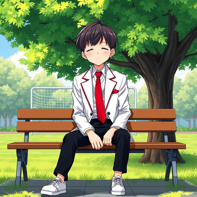 Anime-style illustration of a young boy sitting on a bench beneath a lush, green tree, with a football goalpost visible in the background