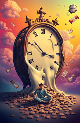 A conceptual art piece depicting the phrase 'Time is not money' illustrated in a surreal manner