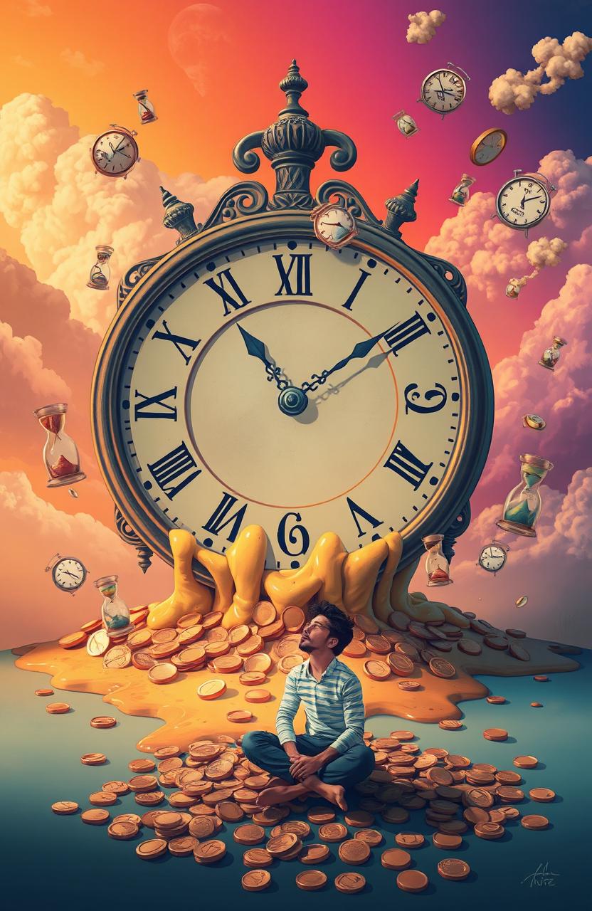 A conceptual art piece depicting the phrase 'Time is not money' illustrated in a surreal manner