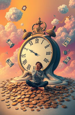 A conceptual art piece depicting the phrase 'Time is not money' illustrated in a surreal manner
