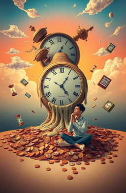 A conceptual art piece depicting the phrase 'Time is not money' illustrated in a surreal manner