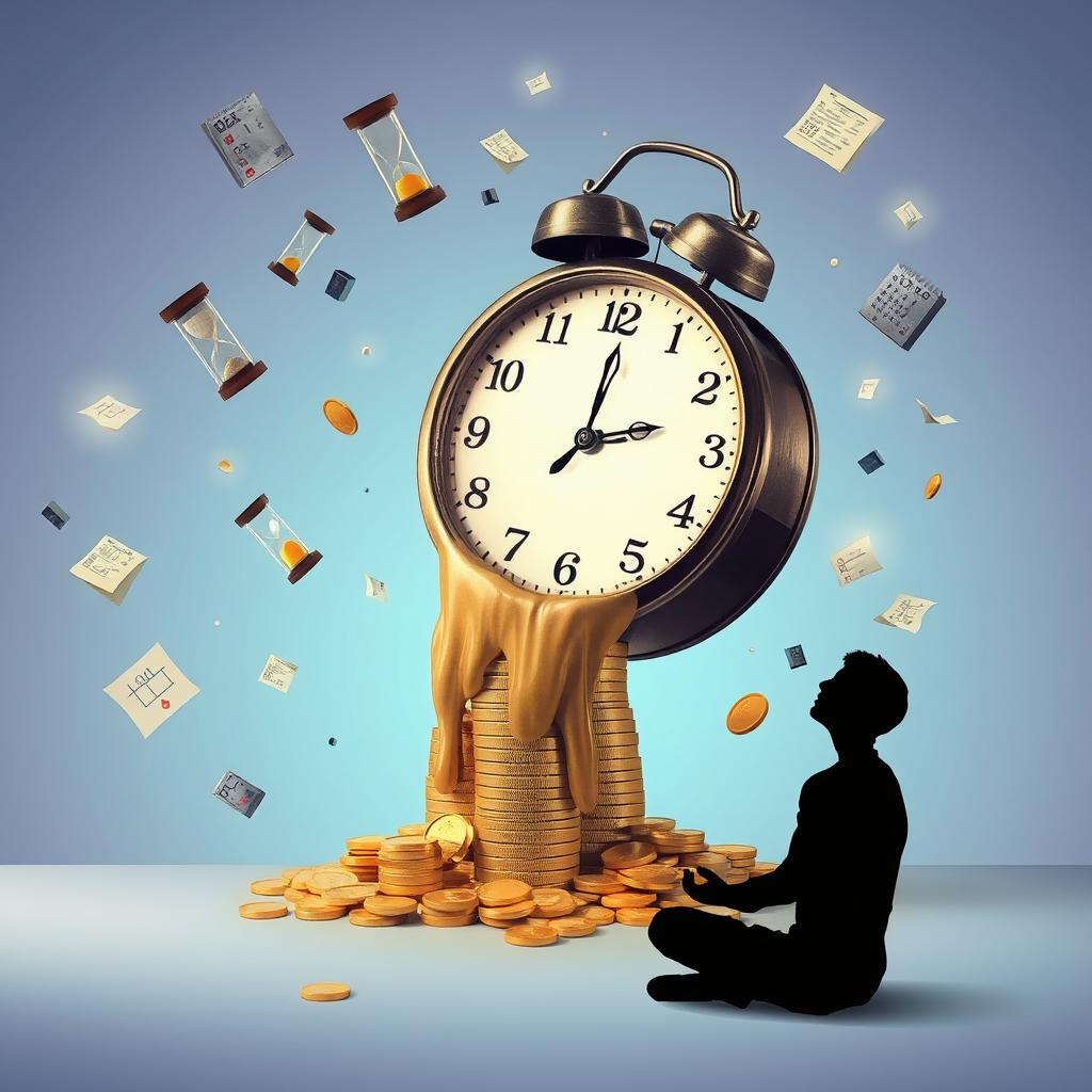 A conceptual artwork that visually represents the phrase 'Time is not money'