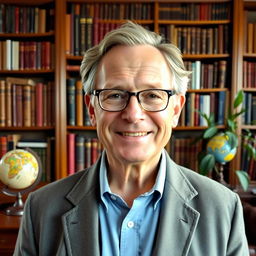 A distinguished, middle-aged professor standing in front of a large wooden bookcase filled with books, wearing glasses and a tweed jacket, with a friendly smile