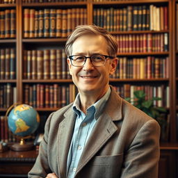 A distinguished, middle-aged professor standing in front of a large wooden bookcase filled with books, wearing glasses and a tweed jacket, with a friendly smile