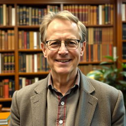 A distinguished, middle-aged professor standing in front of a large wooden bookcase filled with books, wearing glasses and a tweed jacket, with a friendly smile
