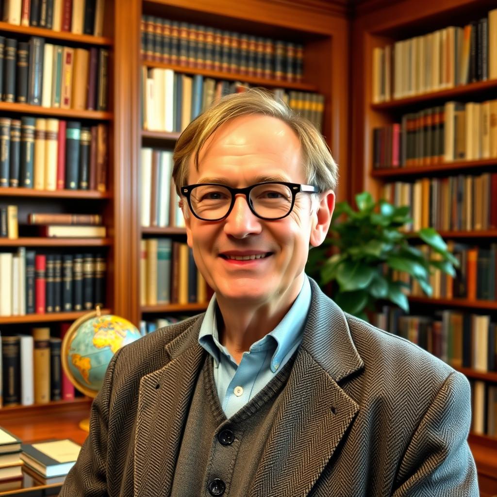 A distinguished, middle-aged professor standing in front of a large wooden bookcase filled with books, wearing glasses and a tweed jacket, with a friendly smile
