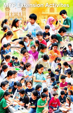 A vibrant and dynamic collage of various MYP (Middle Years Programme) extension activities, showcasing students engaged in a variety of hands-on learning experiences