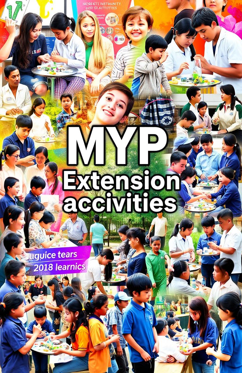 A vibrant and dynamic collage of various MYP (Middle Years Programme) extension activities, showcasing students engaged in a variety of hands-on learning experiences