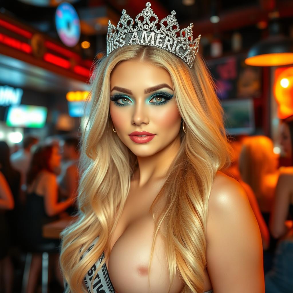 A beautiful 18-year-old woman with thick blonde hair, standing confidently in a bustling bar