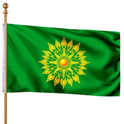 A 4:2 flag featuring an emerald green background with a stunning golden Sudarshana Chakra of Lord Vishnu at the center