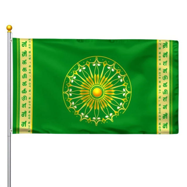 A 4:2 flag featuring an emerald green background with a stunning golden Sudarshana Chakra of Lord Vishnu at the center