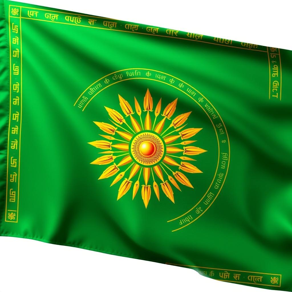 A 4:2 flag featuring an emerald green background with a stunning golden Sudarshana Chakra of Lord Vishnu at the center