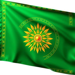 A 4:2 flag featuring an emerald green background with a stunning golden Sudarshana Chakra of Lord Vishnu at the center