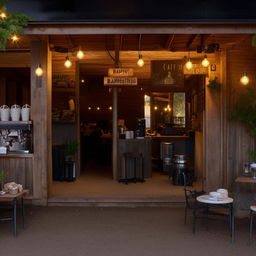 A rustic coffee cafe restaurant in a 10 by 20 yard area, decorated with comfortable seating, warm lighting, and a barista station with an espresso machine, coffee bean grinders, and baked goods on display.