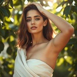 A beautiful woman styled artistically, posing in an elegant manner that highlights the beauty of the human form
