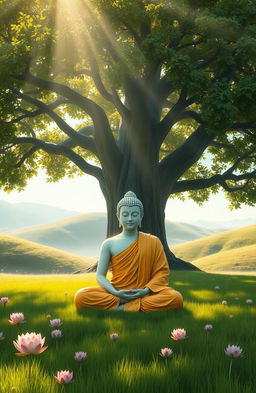A serene scene depicting the figure of Buddha meditating under a large, lush Bodhi tree