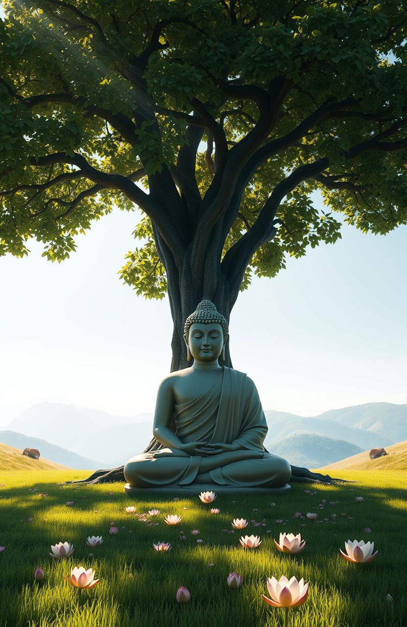 A serene scene depicting the figure of Buddha meditating under a large, lush Bodhi tree