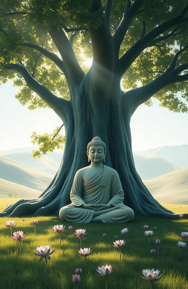 A serene scene depicting the figure of Buddha meditating under a large, lush Bodhi tree