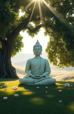 A serene scene depicting the figure of Buddha meditating under a large, lush Bodhi tree