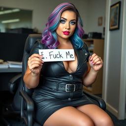 A sexy, beautiful, curvy fat, voluptuous, thin-faced 18-year-old woman with medium-length wavy rainbow-colored hair, crystal blue eyes enhanced with bright frosted pastel blue eyeshadow, thick black eyeliner, and long eyelashes
