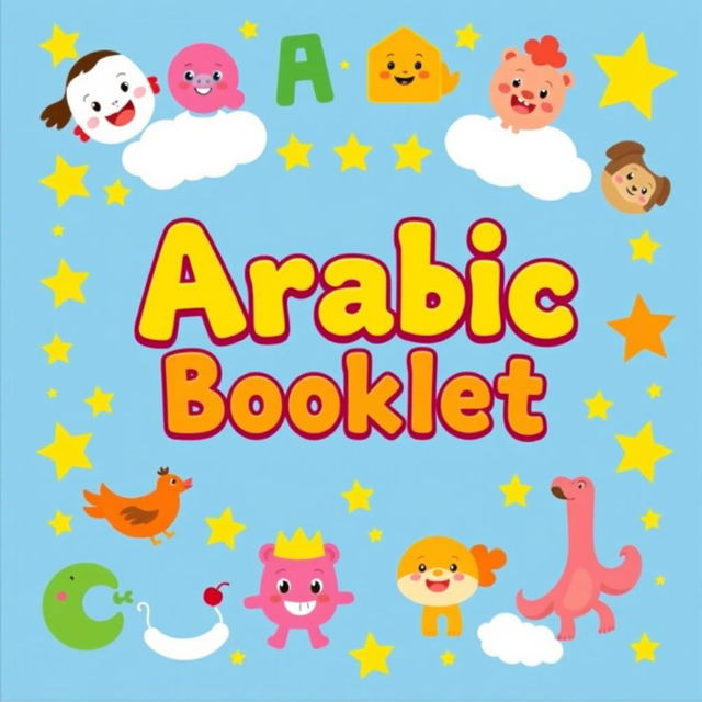 A kid-friendly Arabic booklet cover designed for learning Arabic, featuring bright, cheerful colors and engaging illustrations