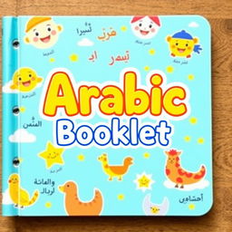 A kid-friendly Arabic booklet cover designed for learning Arabic, featuring bright, cheerful colors and engaging illustrations