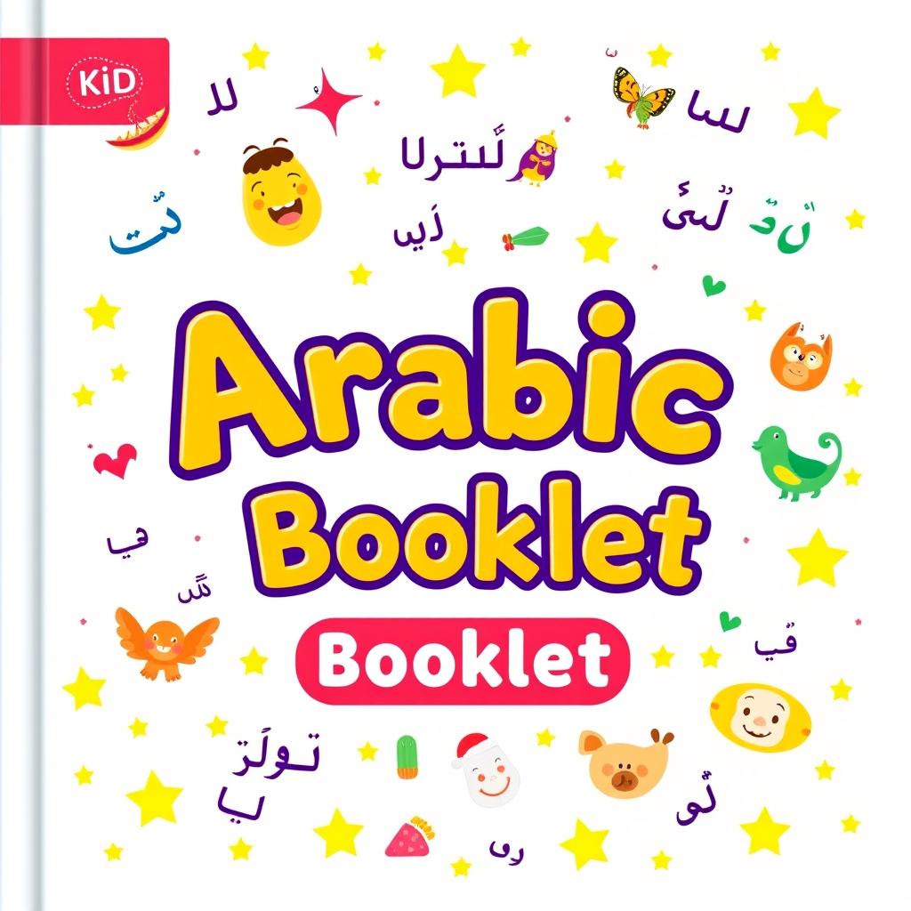 A kid-friendly Arabic booklet cover designed for learning Arabic, featuring bright, cheerful colors and engaging illustrations