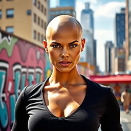 A strong and confident woman with a perfectly smooth bald head, standing against a vibrant urban backdrop