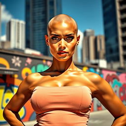 A strong and confident woman with a perfectly smooth bald head, standing against a vibrant urban backdrop