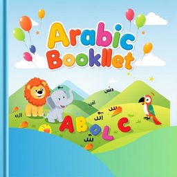 A kid-friendly landscape-style cover for an Arabic learning booklet, designed for young learners