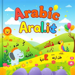 A kid-friendly landscape-style cover for an Arabic learning booklet, designed for young learners
