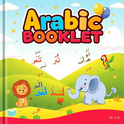 A kid-friendly landscape-style cover for an Arabic learning booklet, designed for young learners