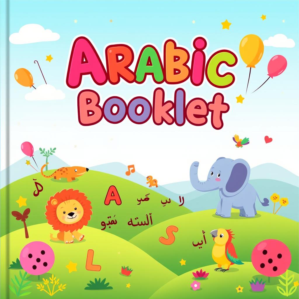 A kid-friendly landscape-style cover for an Arabic learning booklet, designed for young learners