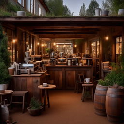 A rustic coffee cafe restaurant in a 10 by 20 yard area, decorated with comfortable seating, warm lighting, and a barista station with an espresso machine, coffee bean grinders, and baked goods on display.